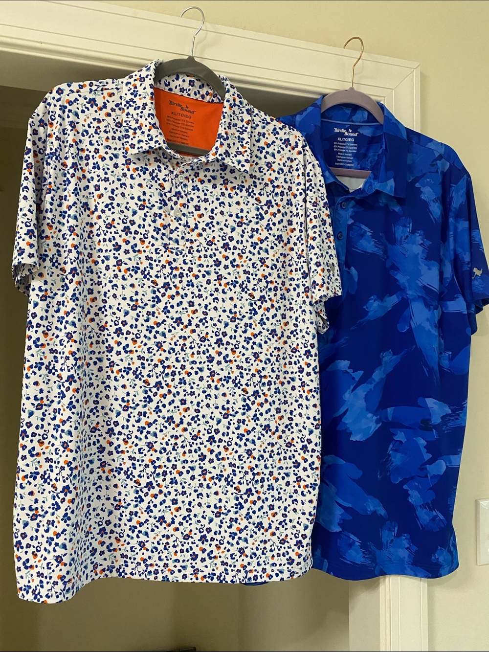 (2) Birdie Bound Men's Golf Polo’s Blue Pattern & White Floral Accents / Sz XL